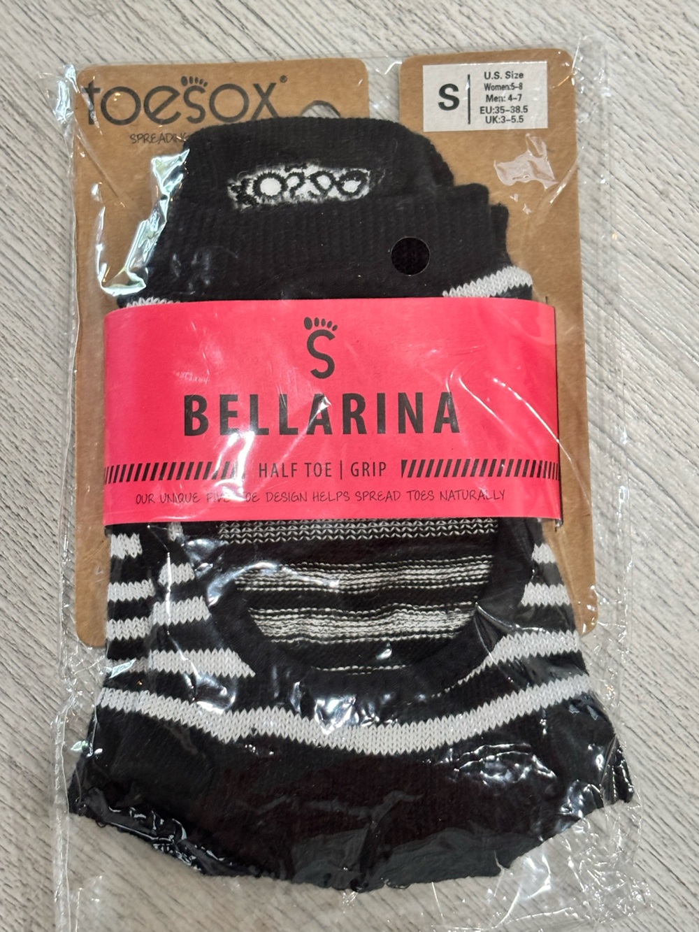 TOESOX Women's Black White Stripe BELLARINA Half Toe Grip No Show Socks Size S.